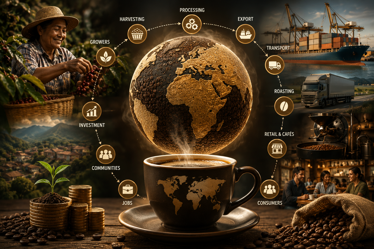 Illustration showing how coffee supports the global economy through farming, trade, transportation, roasting, and cafés..png