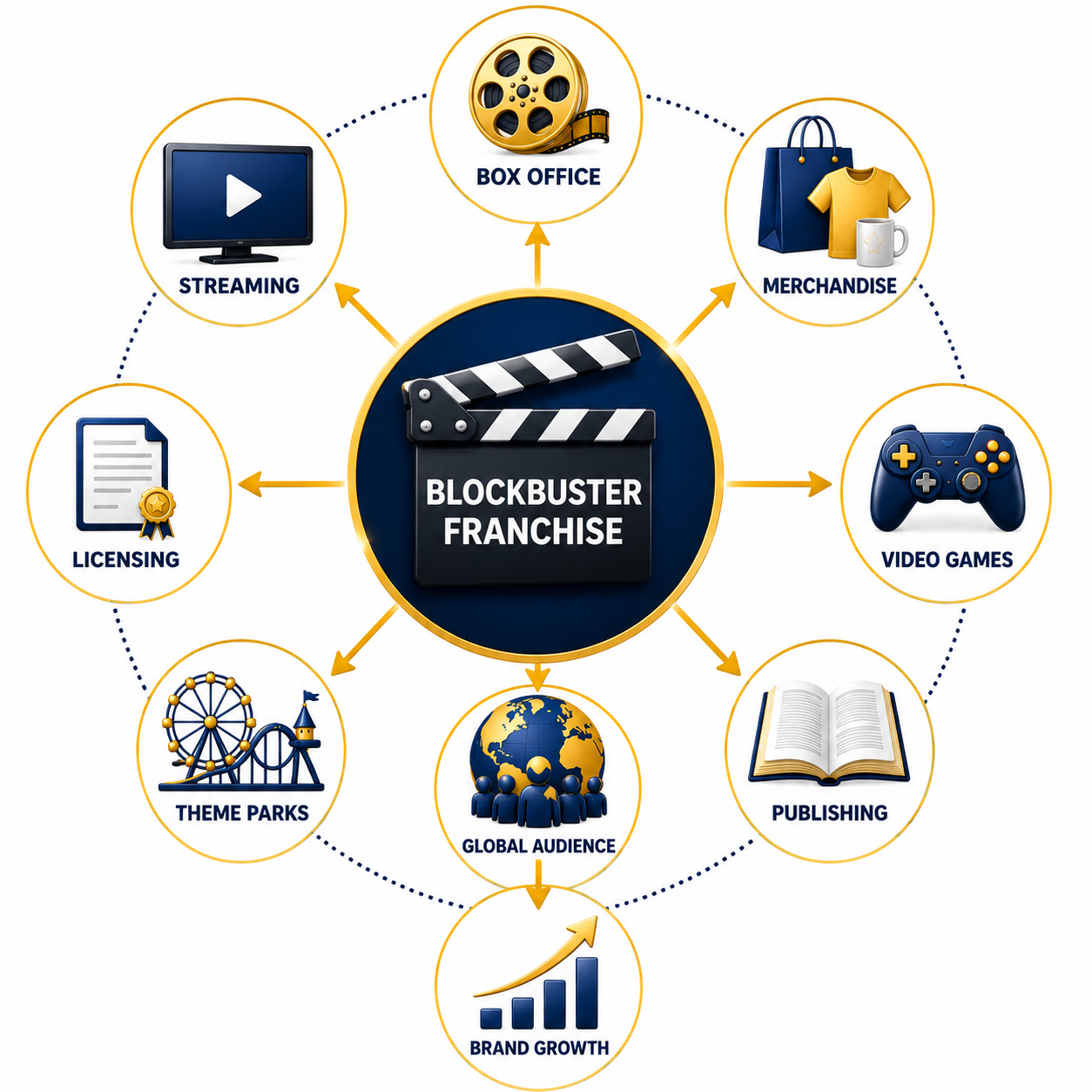 Business ecosystem infographic showing how a blockbuster film franchise expands from movies into streaming, merchandise, licensing, theme parks, gaming, publishing, and global brand growth..png