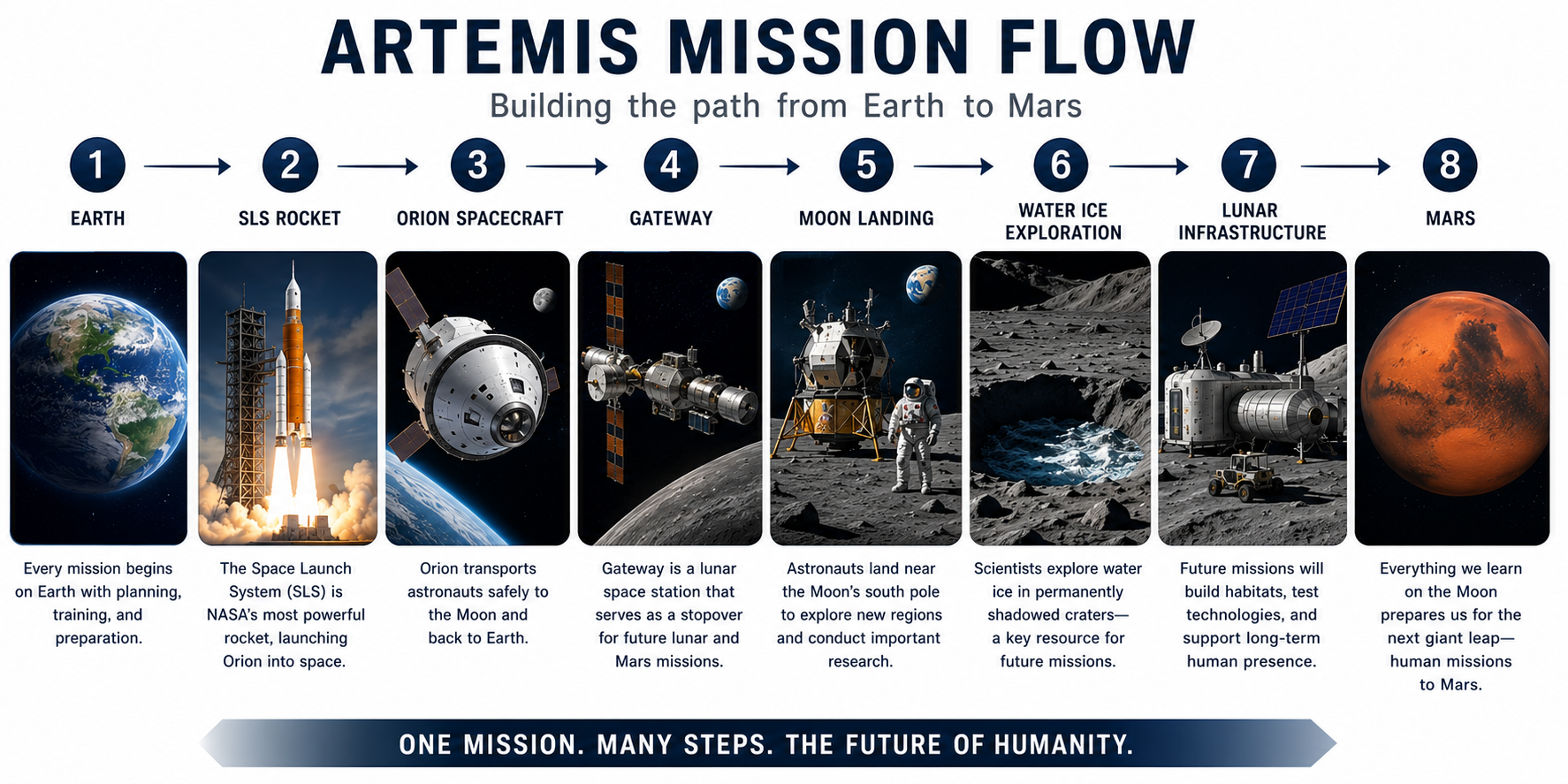 NASA Artemis mission flow illustrating the journey from Earth to the Moon and future missions to Mars. 1.png